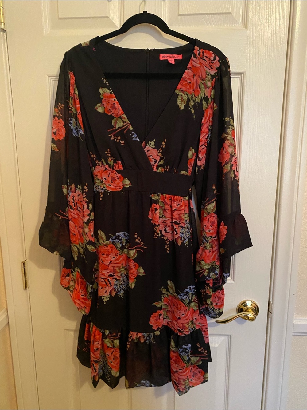 Betsey Johnson Bell Sleeve Chiffon Boho Dress 14 Pink Black Rose Floral